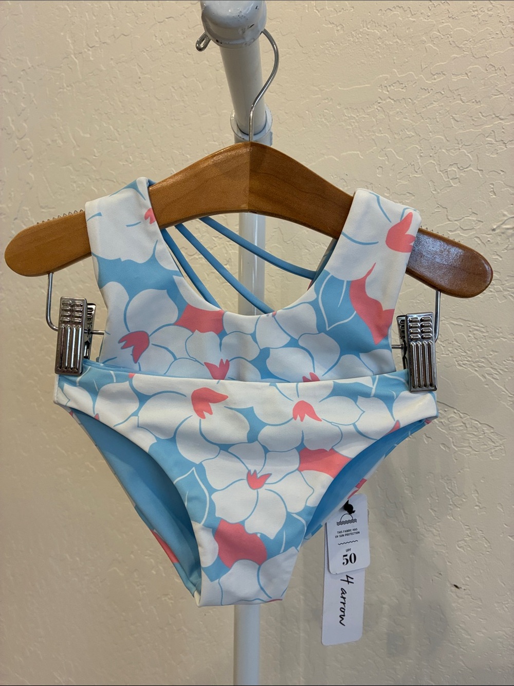 Kids Blue Floral One-Piece Swimsuit with Pink Accents